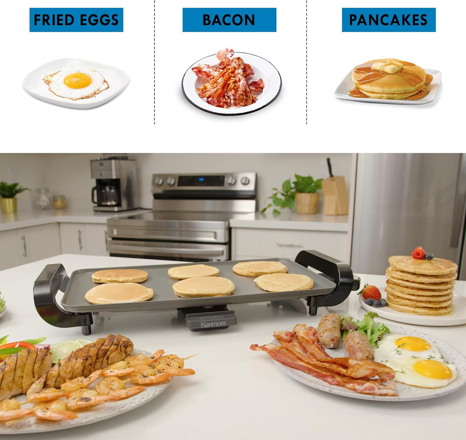 Kenmore Electric Griddle Nonstick 1500W Adjustable Temperature 10″X18″ Easy to C