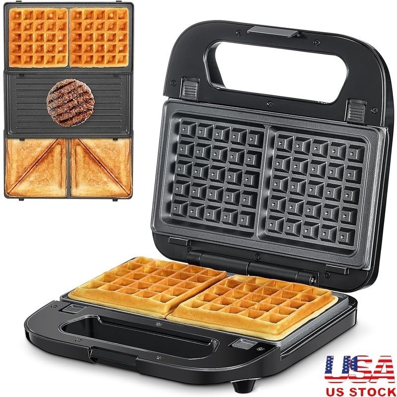 3 In 1 Sandwich Maker Non Stick Plates Quick Cooking Easy Clean LED Indicator US