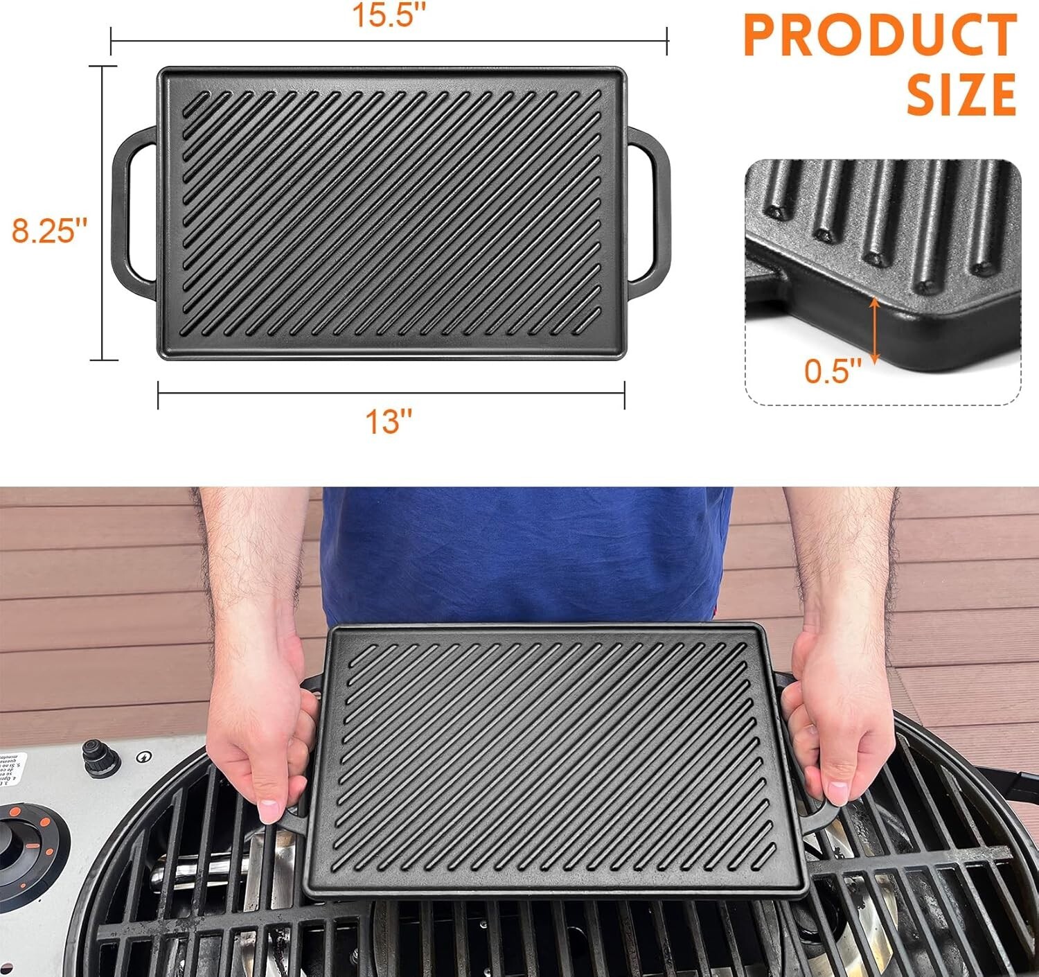 Cast Iron Reversible Grill Griddle, Double Sided for Gas Grills and Stove Tops