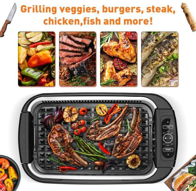 Parrilla eléctrica interior sin humo 1500W con tapa de vidrio y control 6 nivele