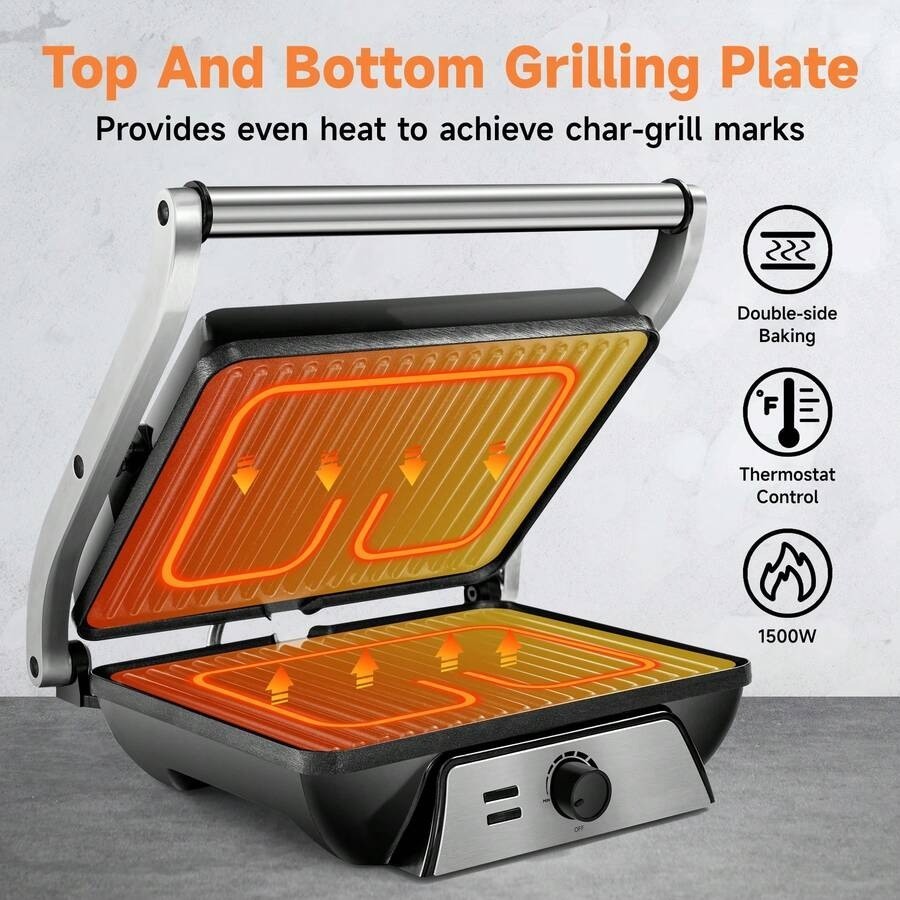 SUSTEAS Multi-Angle Electric Grill Sandwich Maker, Non-Stick Ceramic Pan, Stainl