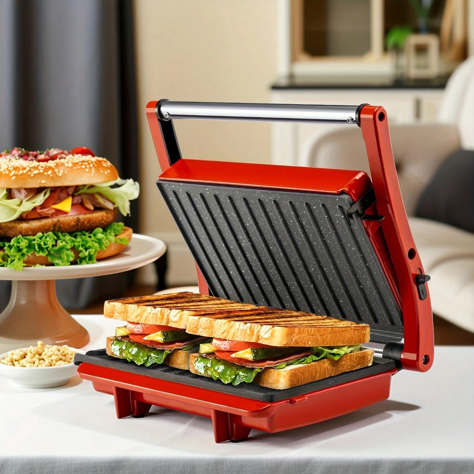 Indoor Electric Grill Sandwich Maker Nonstick Multi-Purpose Grill Pan Red
