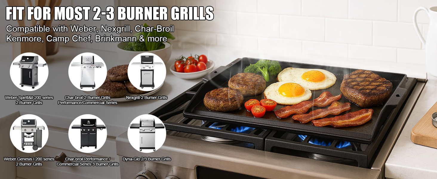 Updated Cast Iron Griddle for Gas Grill, 23″ x 16″ Large Matte Porcelain Enamel