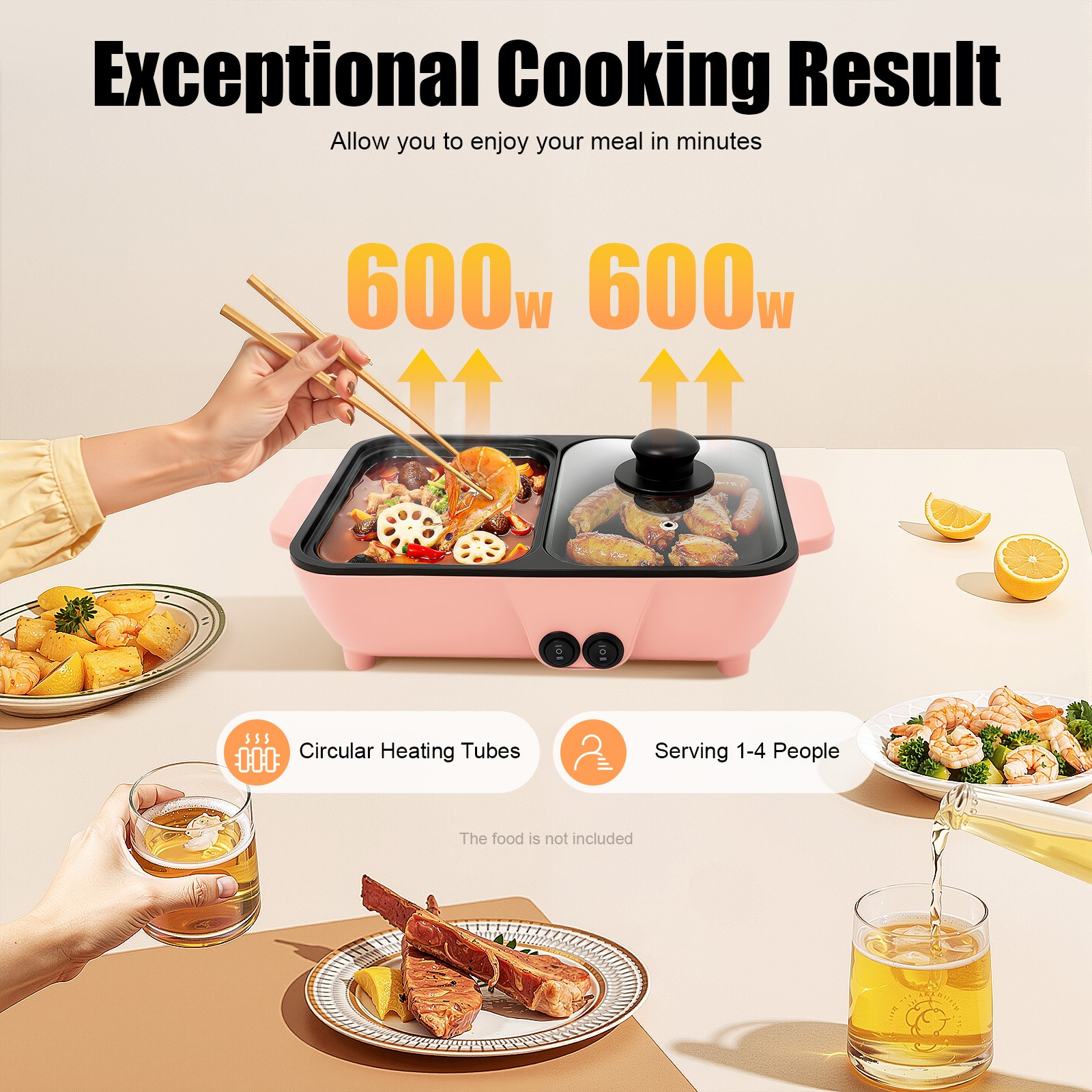 2in1 Electric Hot Pot Non-Stick Korean BBQ Plate Pan Shabu Grill Barbecue 1200W