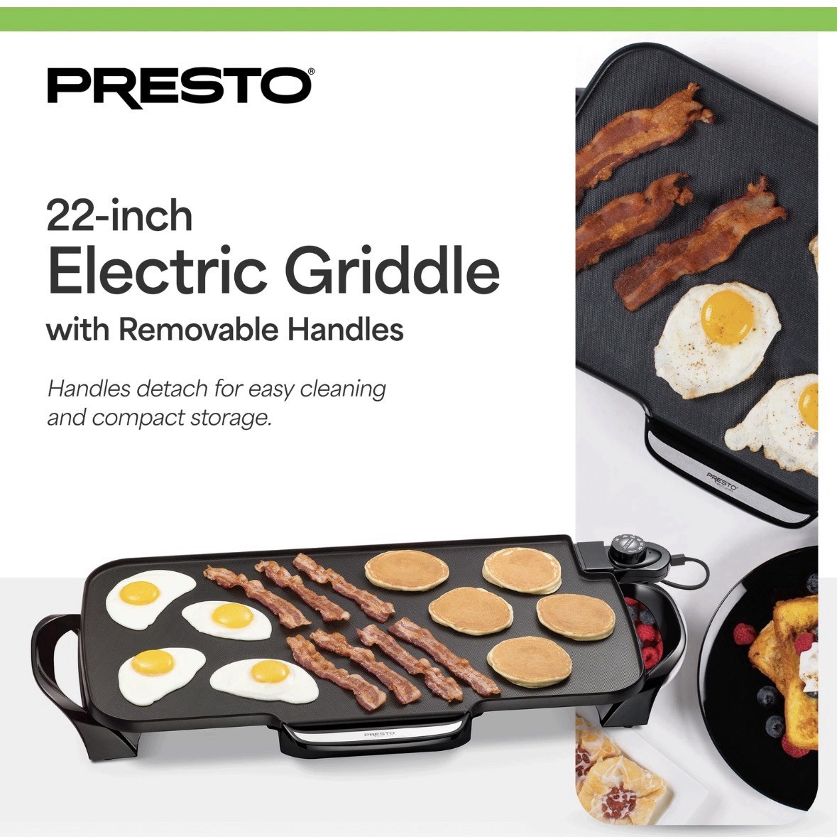 Presto 22” Electric Griddle Nonstick | Removable Handles | Adjustable Temp