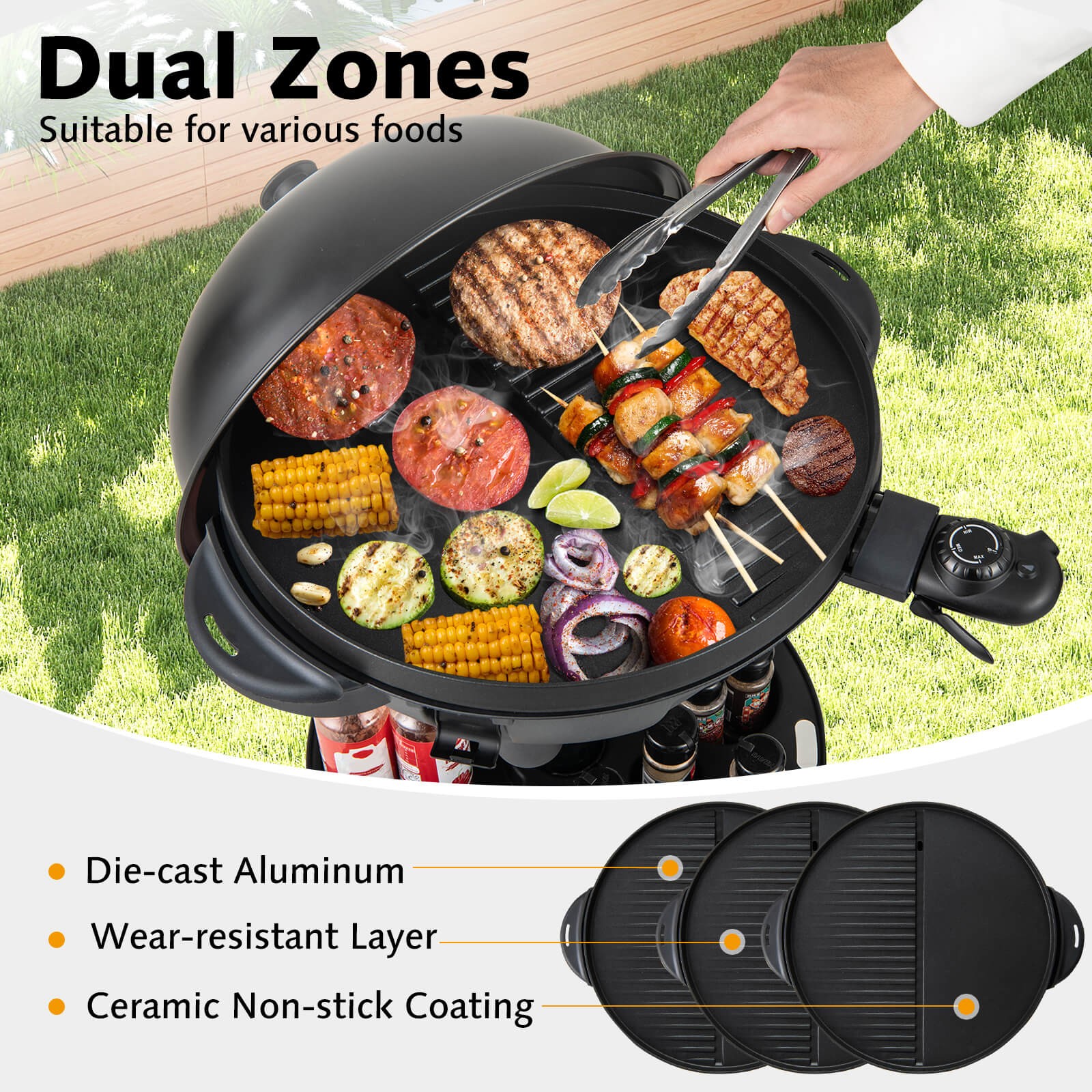 Indoor Outdoor Electric Grill w/ Non-stick Grill Plate Temperature Control