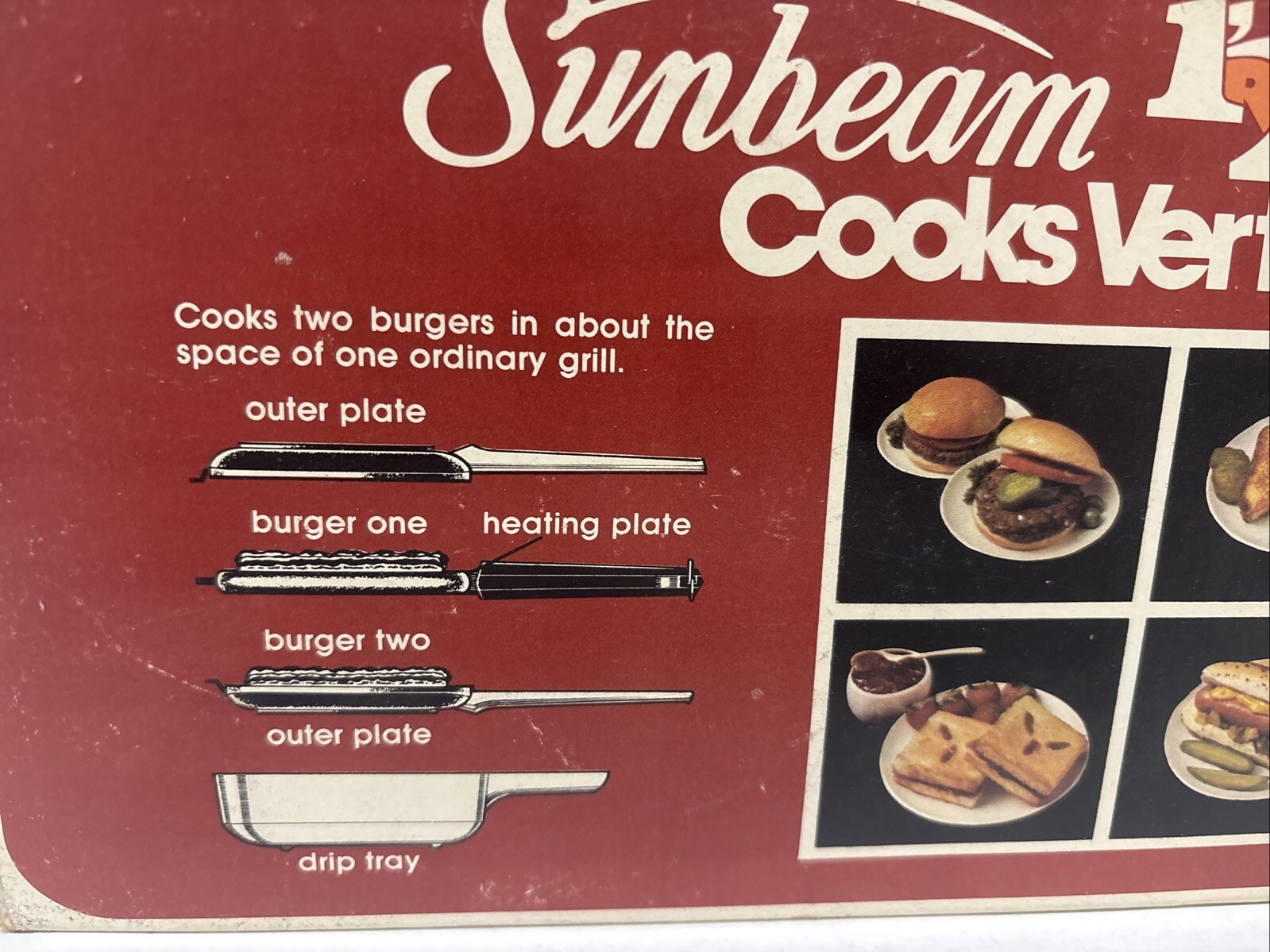VINTAGE 1976 Sunbeam 1 or 2 Burger Grill NEW Cooks Vertically To Drain The Fat!