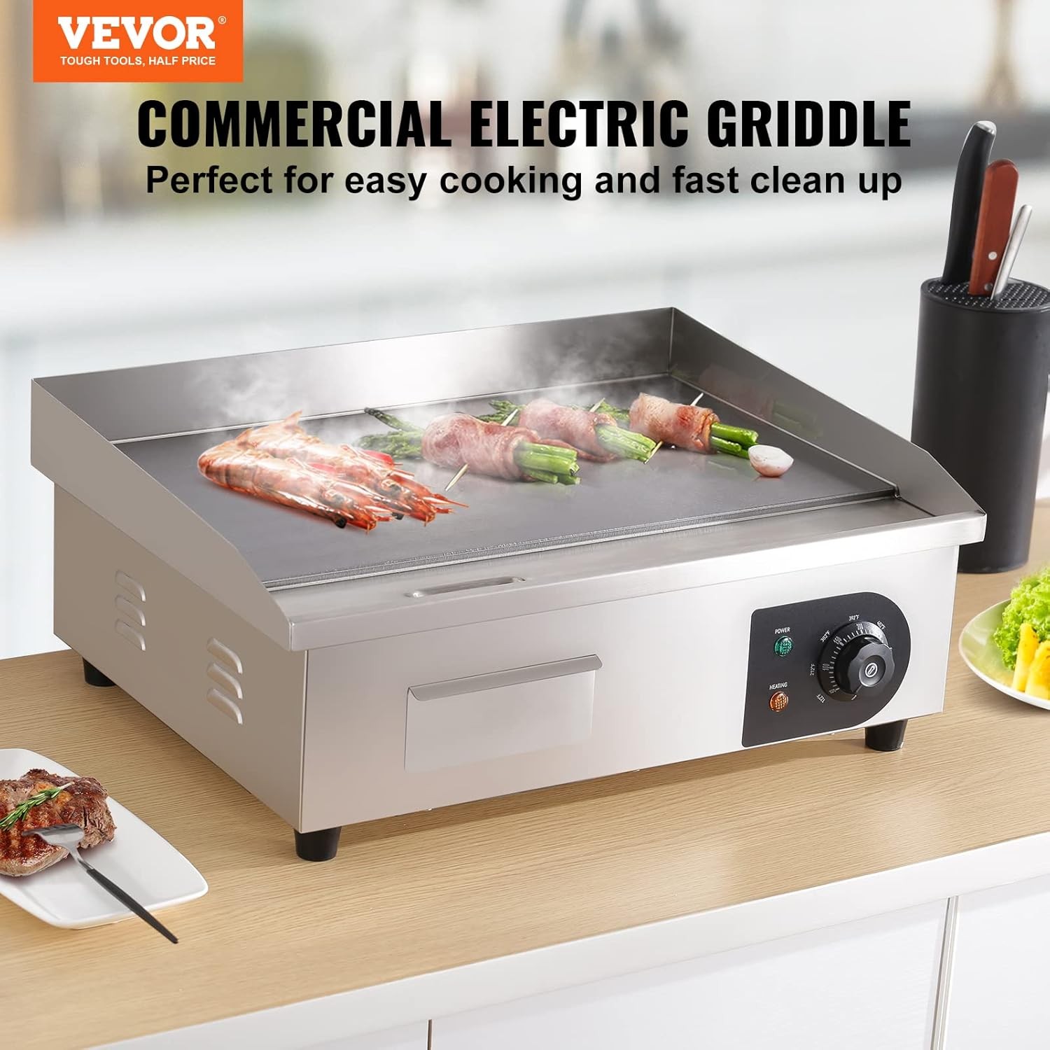 VEVOR Commercial Electric Griddle, 22″, 1600W Countertop Flat Top Griddle,110V