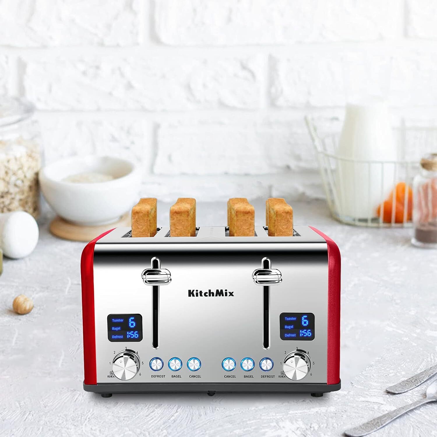 Toaster 4 Slice, KitchMix Bagel Stainless with LCD Timer, Extra Red