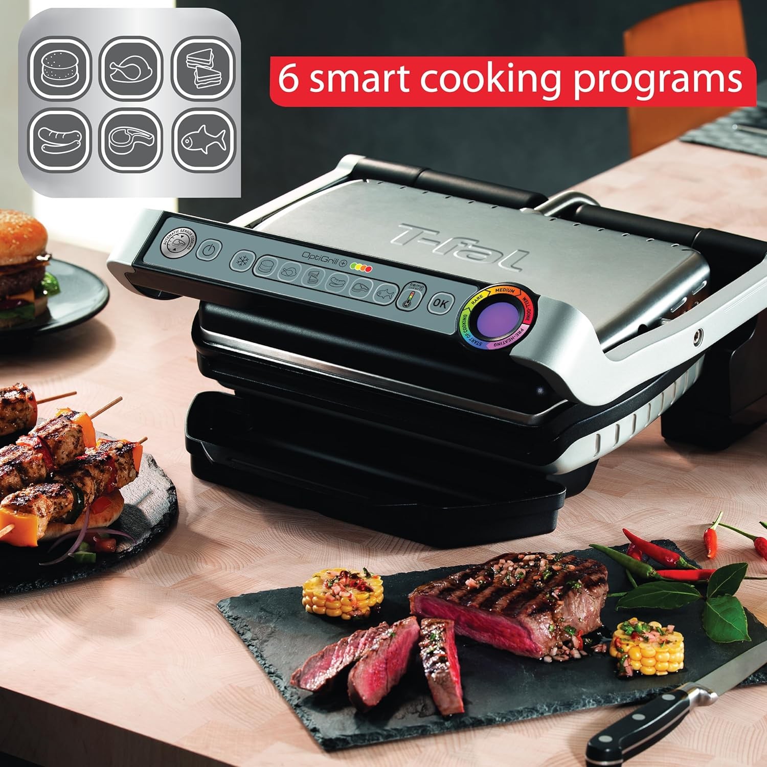 T-Fal OptiGrill Stainless Steel Electric Grill,4Servings,6Automatic Cooking Mode