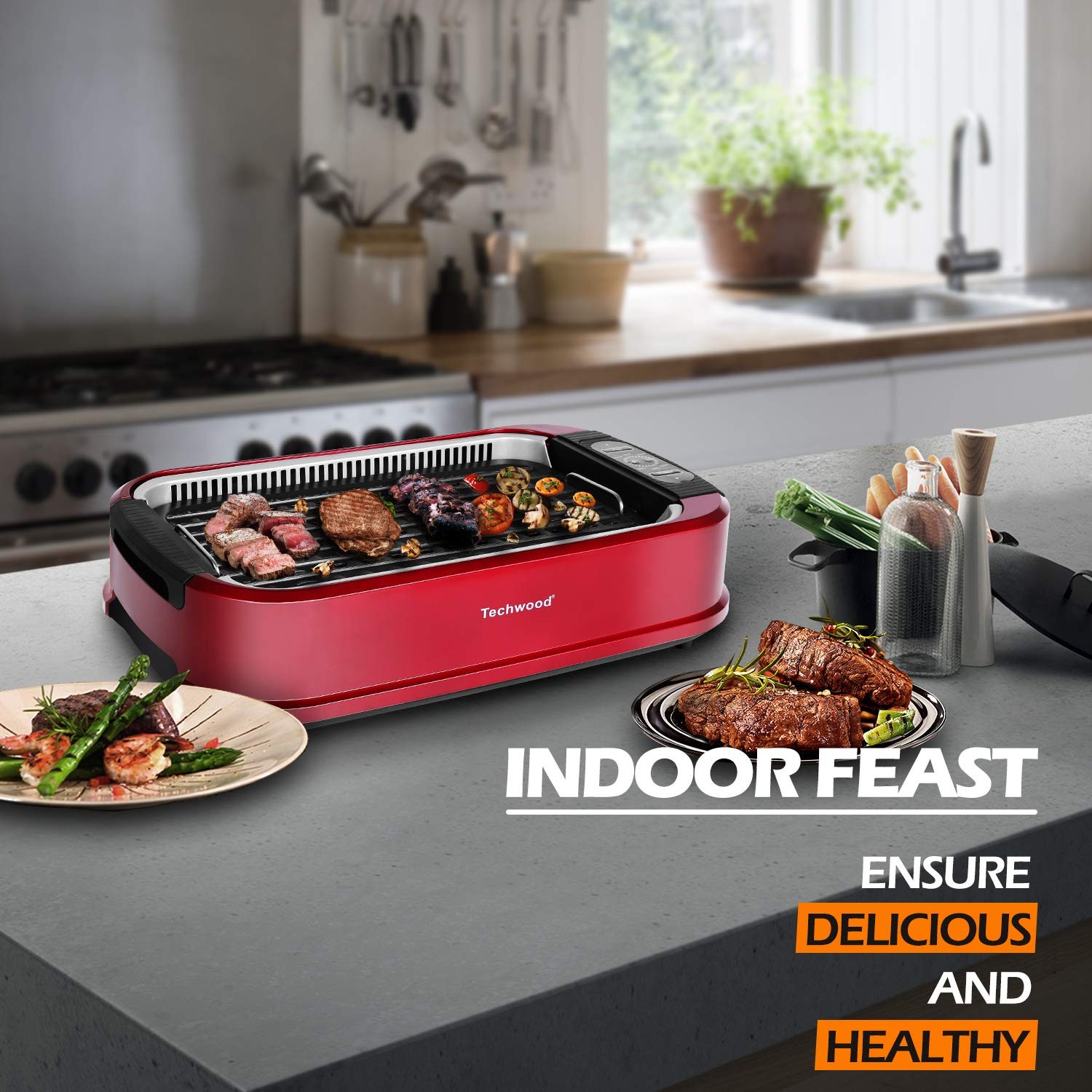 Techwood 1500W Smokeless Indoor Electric Grill, Non-Stick, Temp Control, Dishwas