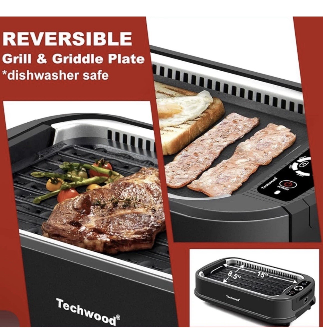 Techwood Smokeless Indoor Electric Grill w/ Nonstick Plate 1500W Temp cont NEW