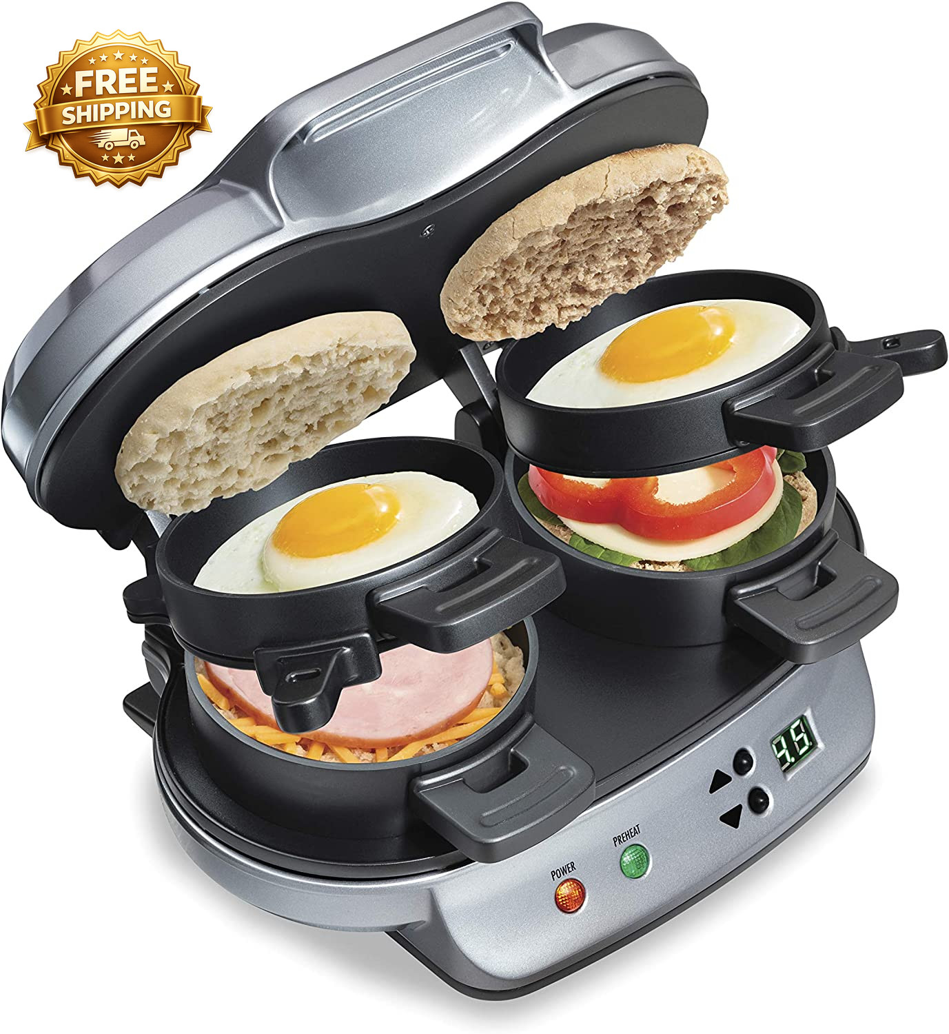 Dual Breakfast Sandwich Maker with Egg Cooker Rings Timer Perfect