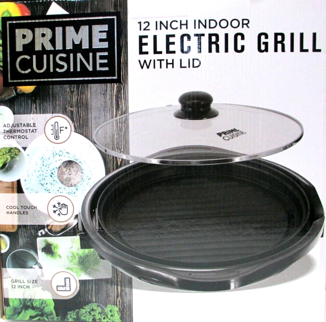 Prime Cuisine Indoor Electric Grill with Lid 12″ Round Hot Plate NEW