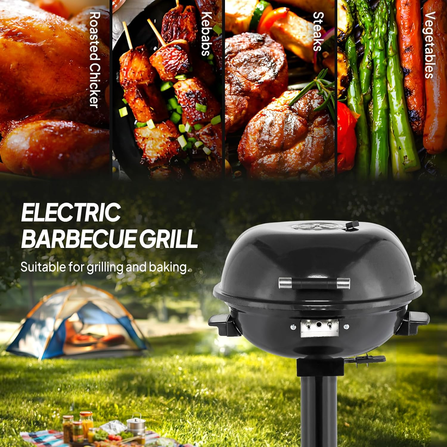 1600W Vertical Electric Grill with Lid, Red 304 Stainless Steel Grill W/Detachab