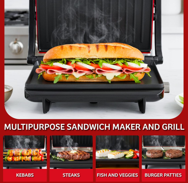 Parrilla panini eléctrica con placas antiadherentes para sándwiches y carnes roj