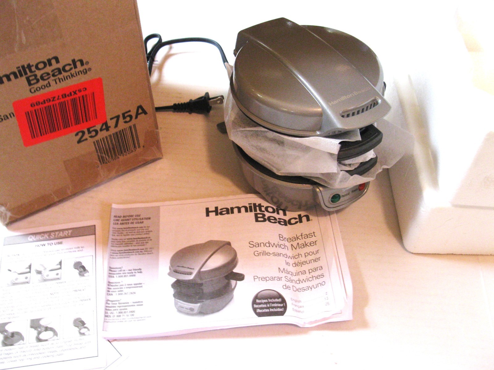 Hamilton Beach Breakfast Sandwich Maker 25475A Original Packaging & Instructions