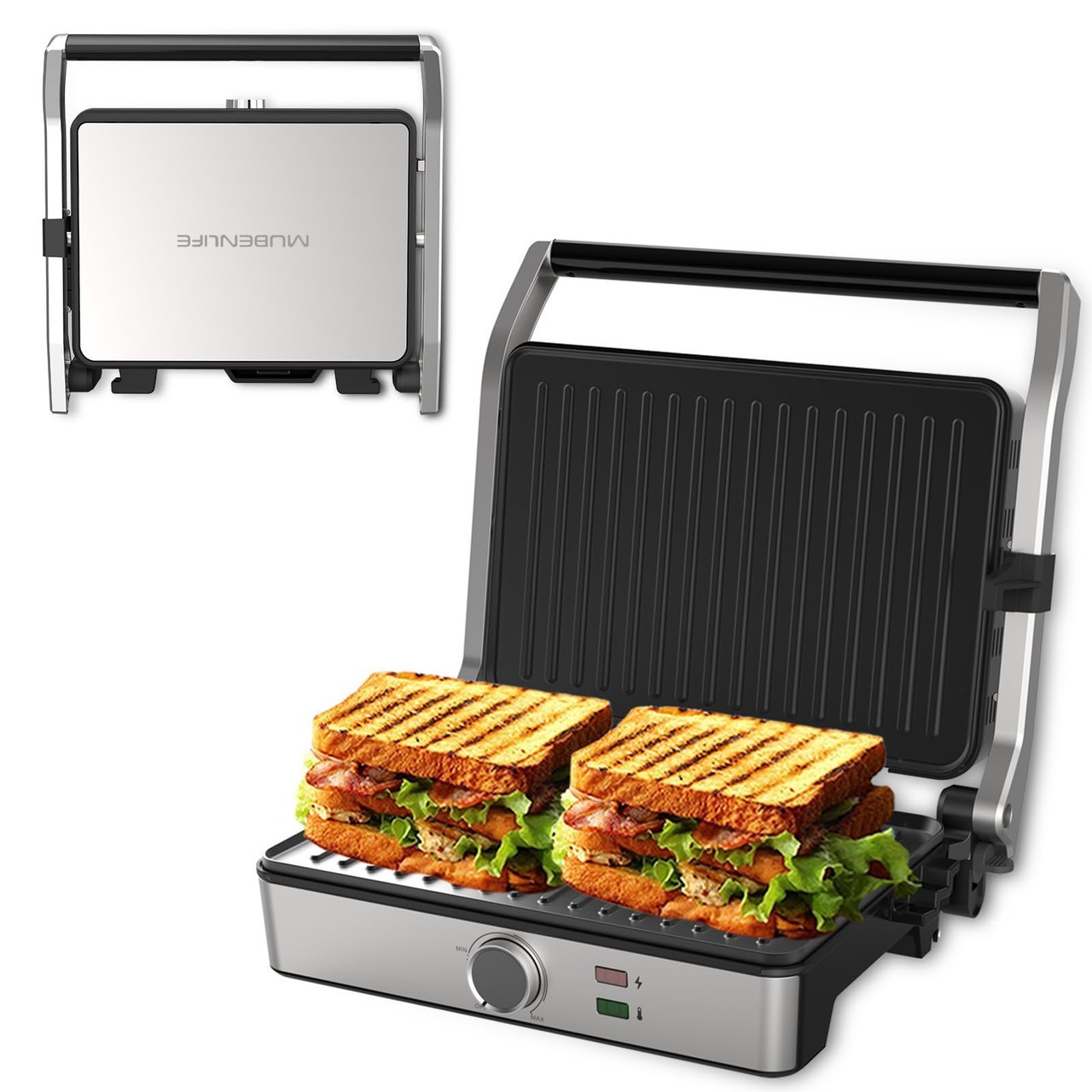 MUBENLIFE Panini Press, Electric Sandwich Press Grill, Open 180 Degrees, Electri