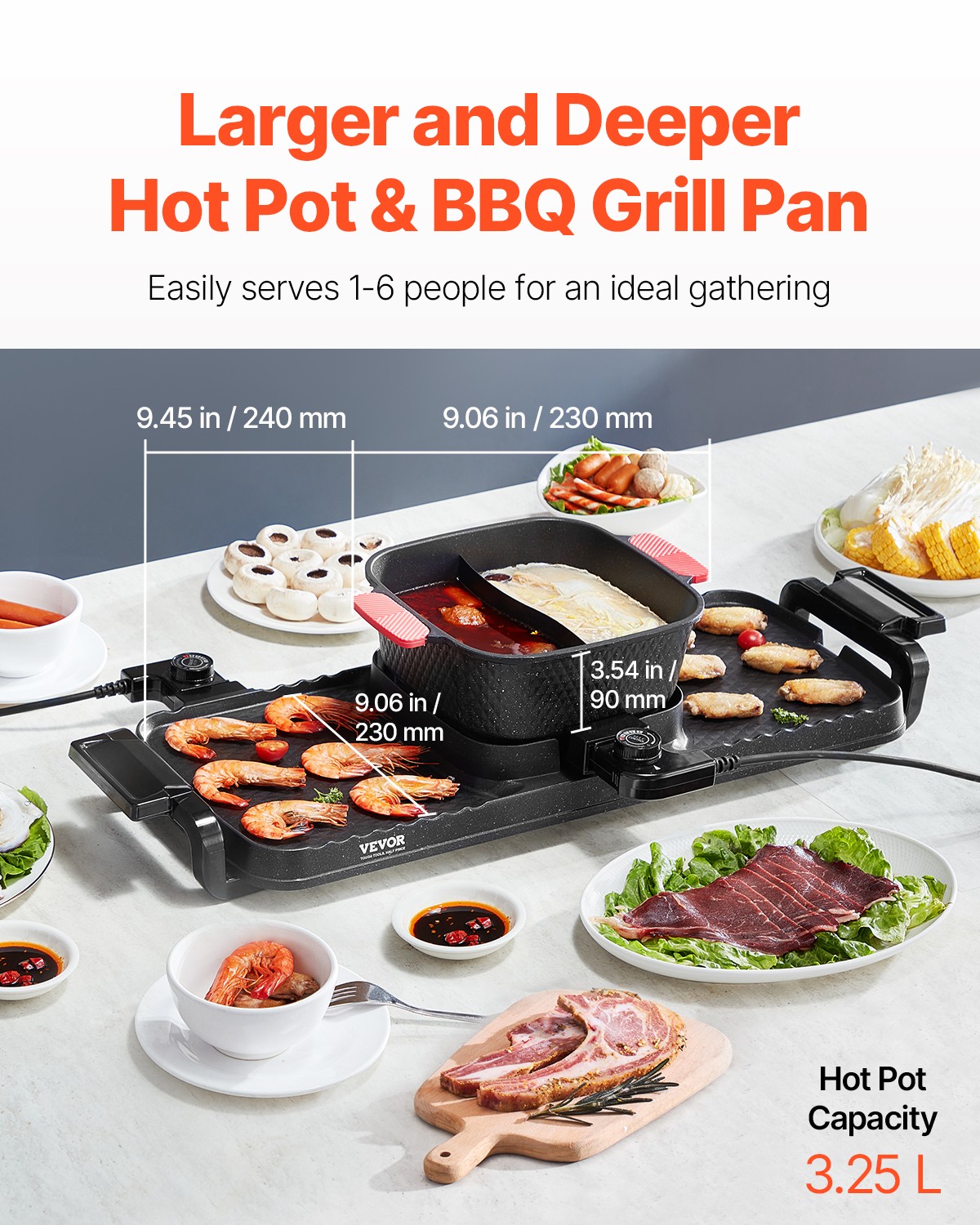 VEVOR Hot Pot with Grill 2300W 2-in-1 Electric Smokeless BBQ Pan with Removable