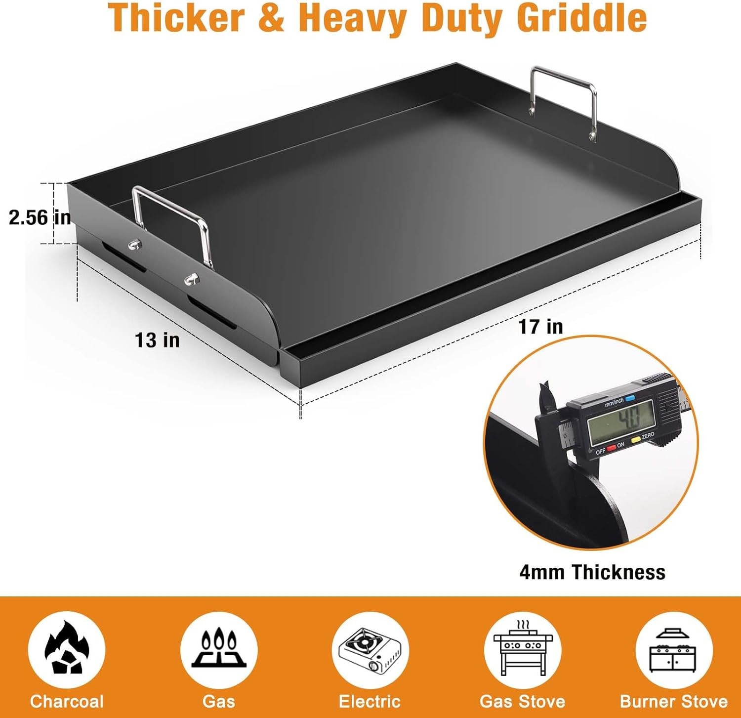 17×13″ Griddle Plate w/ Nonstick & Grease Groove for Gas/Charcoal