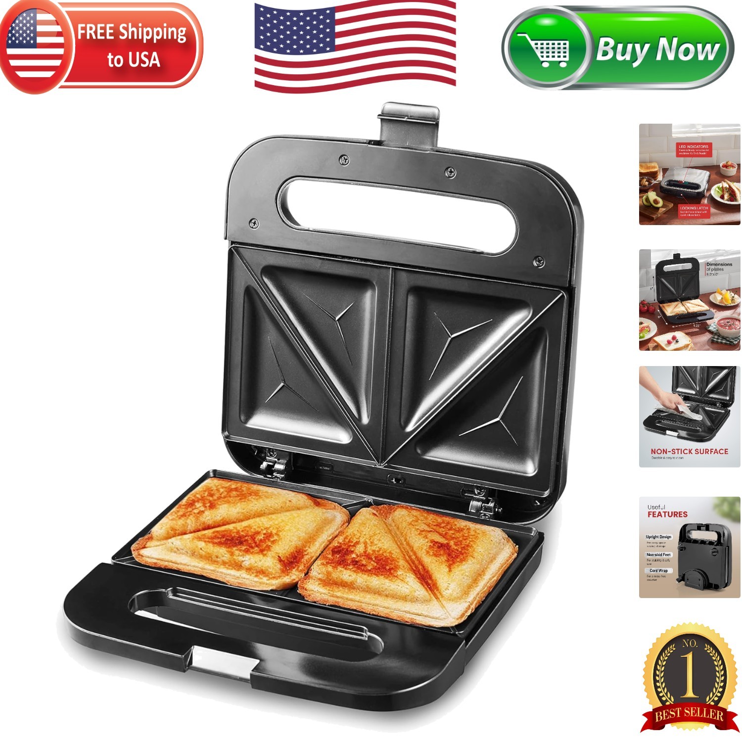 Versatile Non-Stick Sandwich Maker – Toasts 2 Slices with Cool-Touch Handle