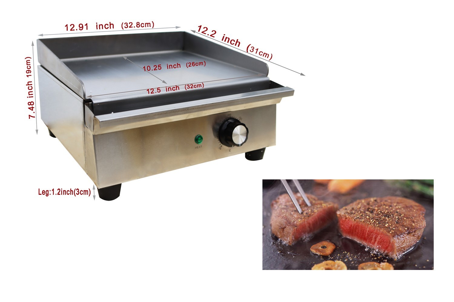 110V 1.2KW Electric Grill Griddle Countertop Stainless Steel Countertop Flat Coo