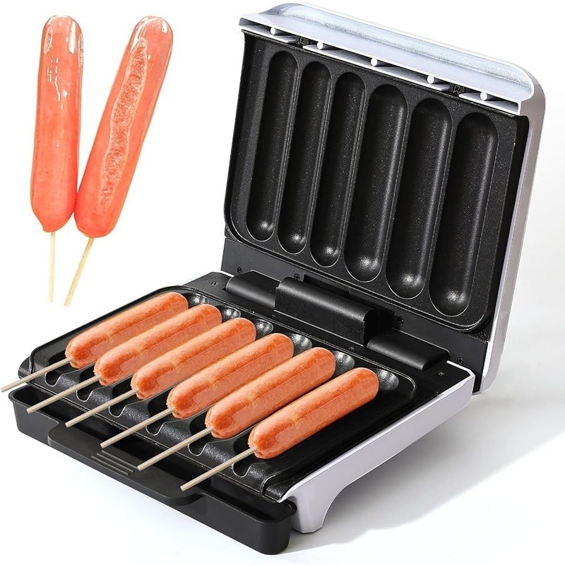 Hot Dog Maker Grills 6 Sausages Non Stick Easy Clean Drip Tray Automatic Control