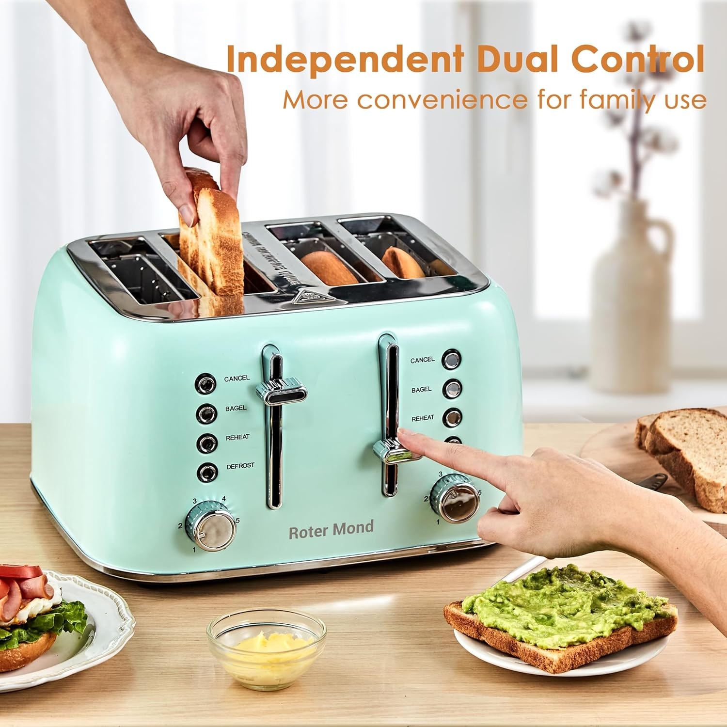Roter Mond Toaster 4 Slice Retro Stainless Steel with Extra Wide Mint Green