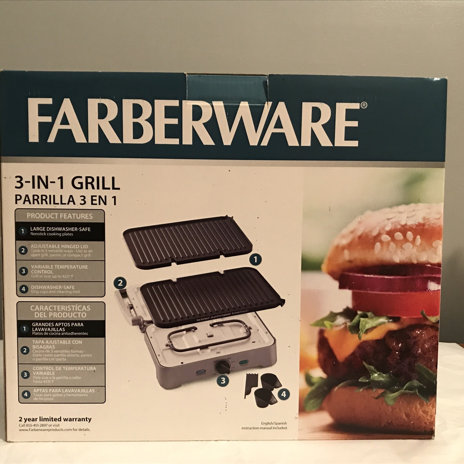 Farberware 3-in-1 NonStick Grill Panini Press Compact Grill Dishwasher Safe New