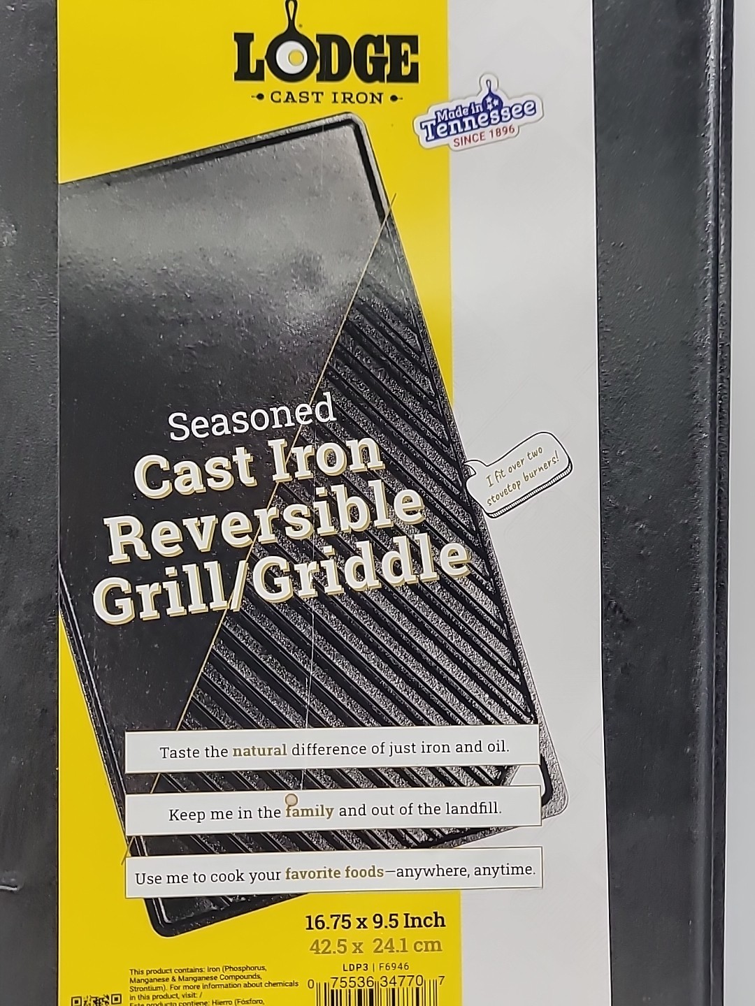Double Sided Grill Griddle Lodge Cast Iron Seasoned Reversible 16.75 x 11.5 LDP3