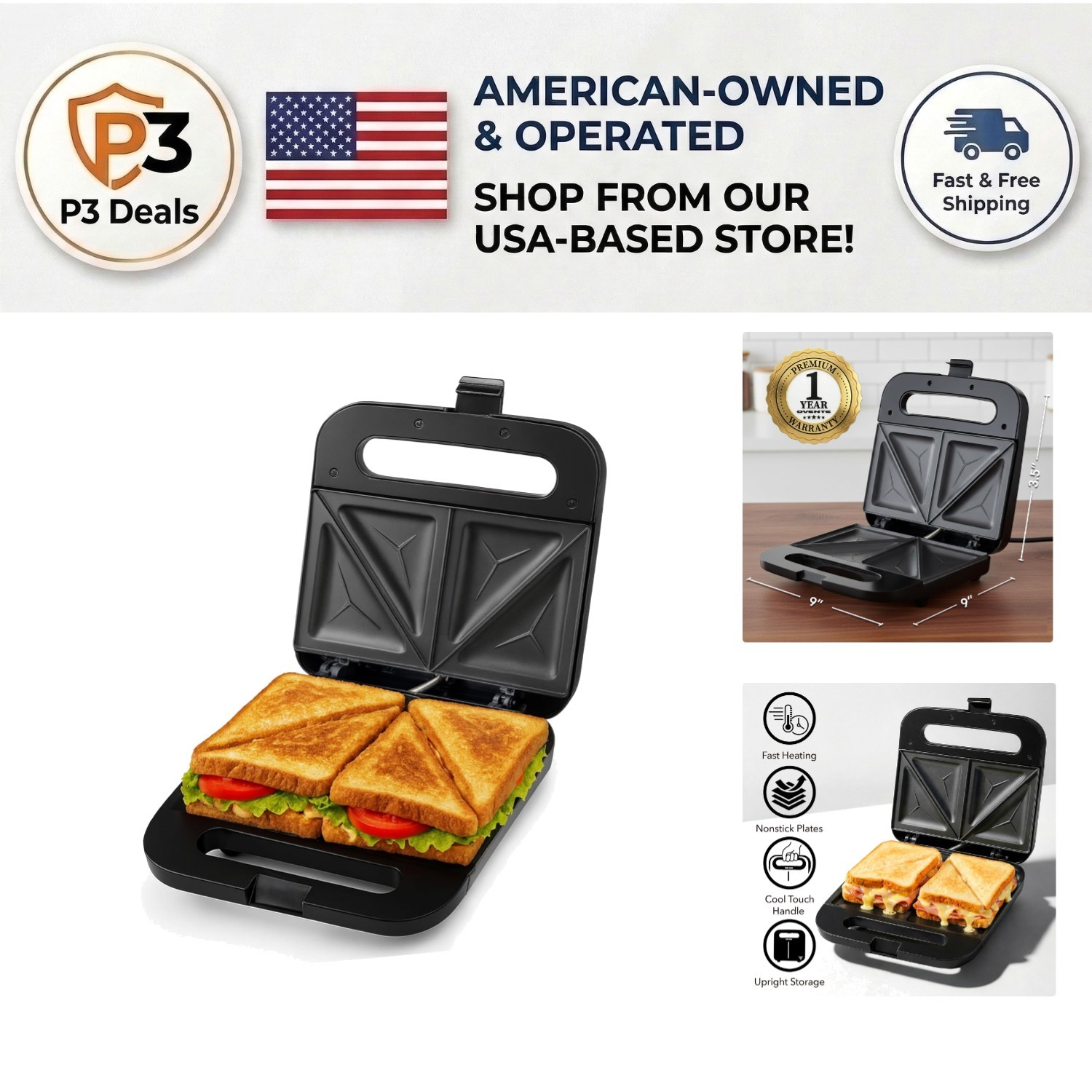 Ovente Electric Sandwich Maker – 750W Non-Stick Plates, Cool Touch Handle, Black