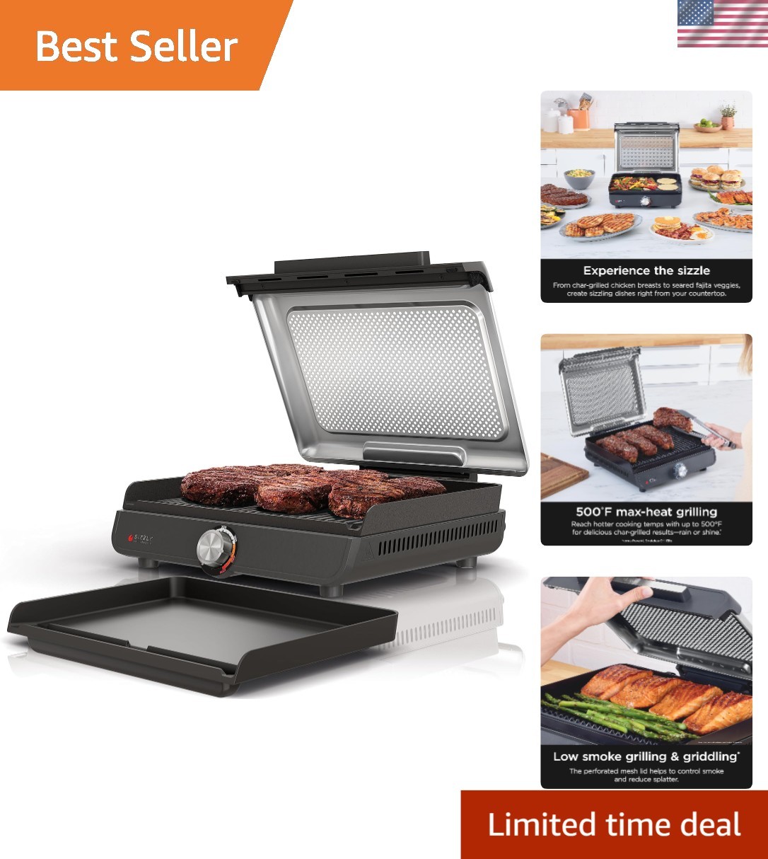 Griddle and Indoor Grill, 14’’, Electric Grill, For Steak, Burgers, Salmon, V…