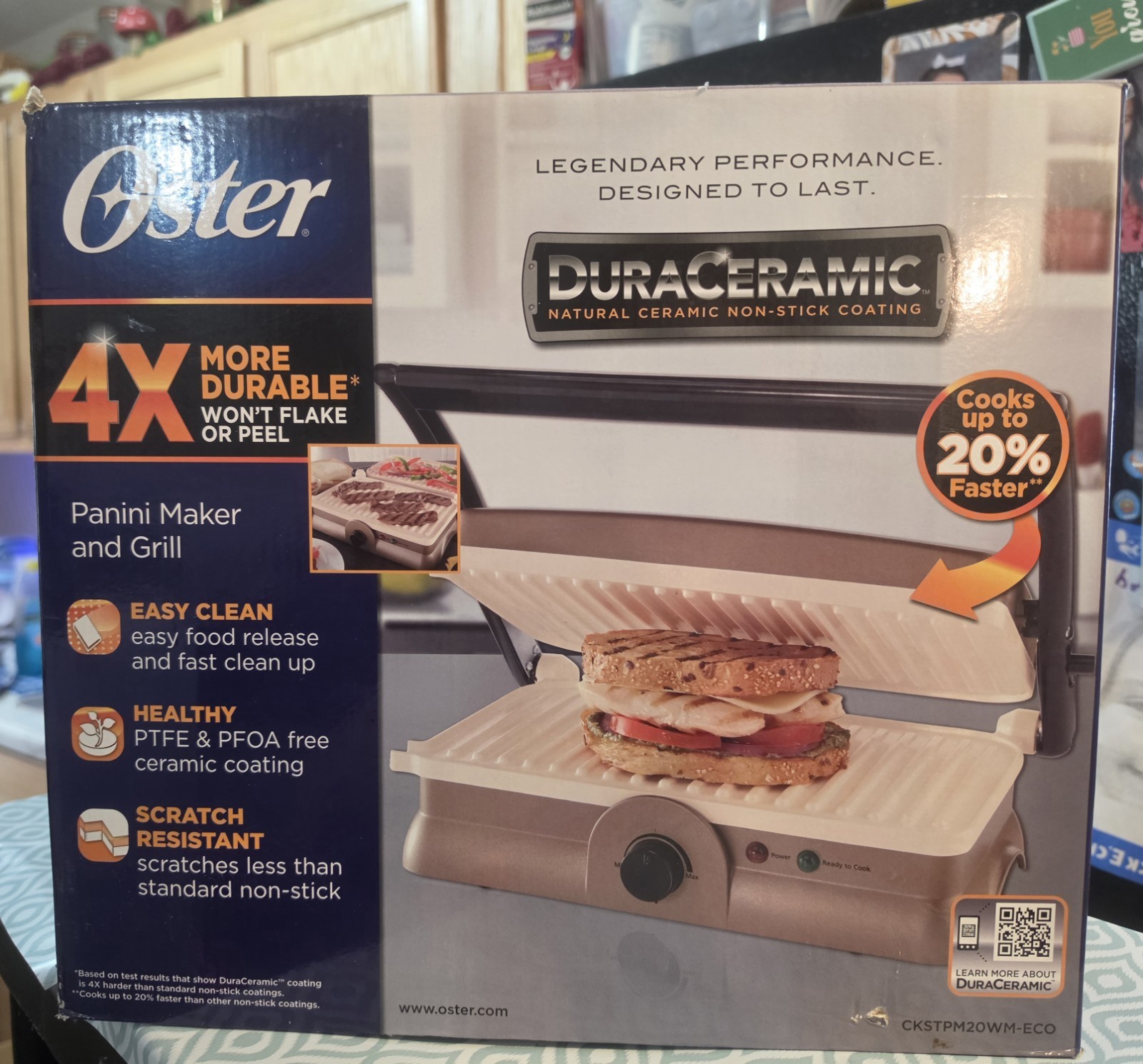 Oster DuraCeramic Panini Maker & Grill 1200W Non-Stick Easy Clean White/Slv