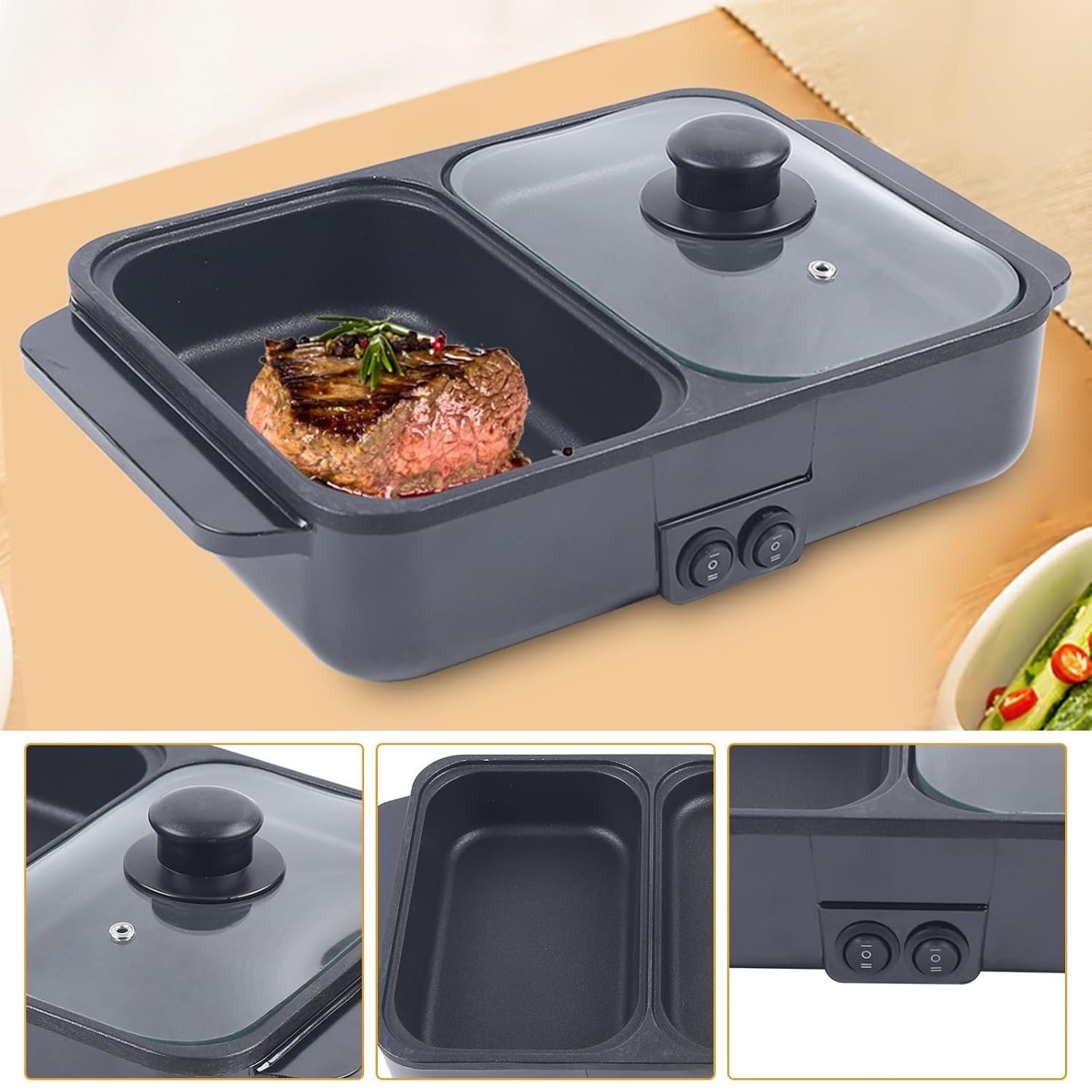 Portable Electric Hot Pot Grill Smokeless BBQ Non-Stick Shabu Cooking Pan 11in L