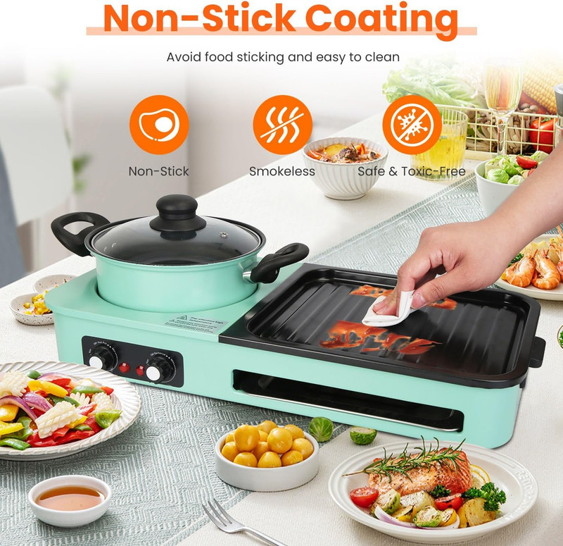 3 In 1 Electric Hot Pot Grill with Dual Temp Control 1600W Non-Stick Cooker Pan