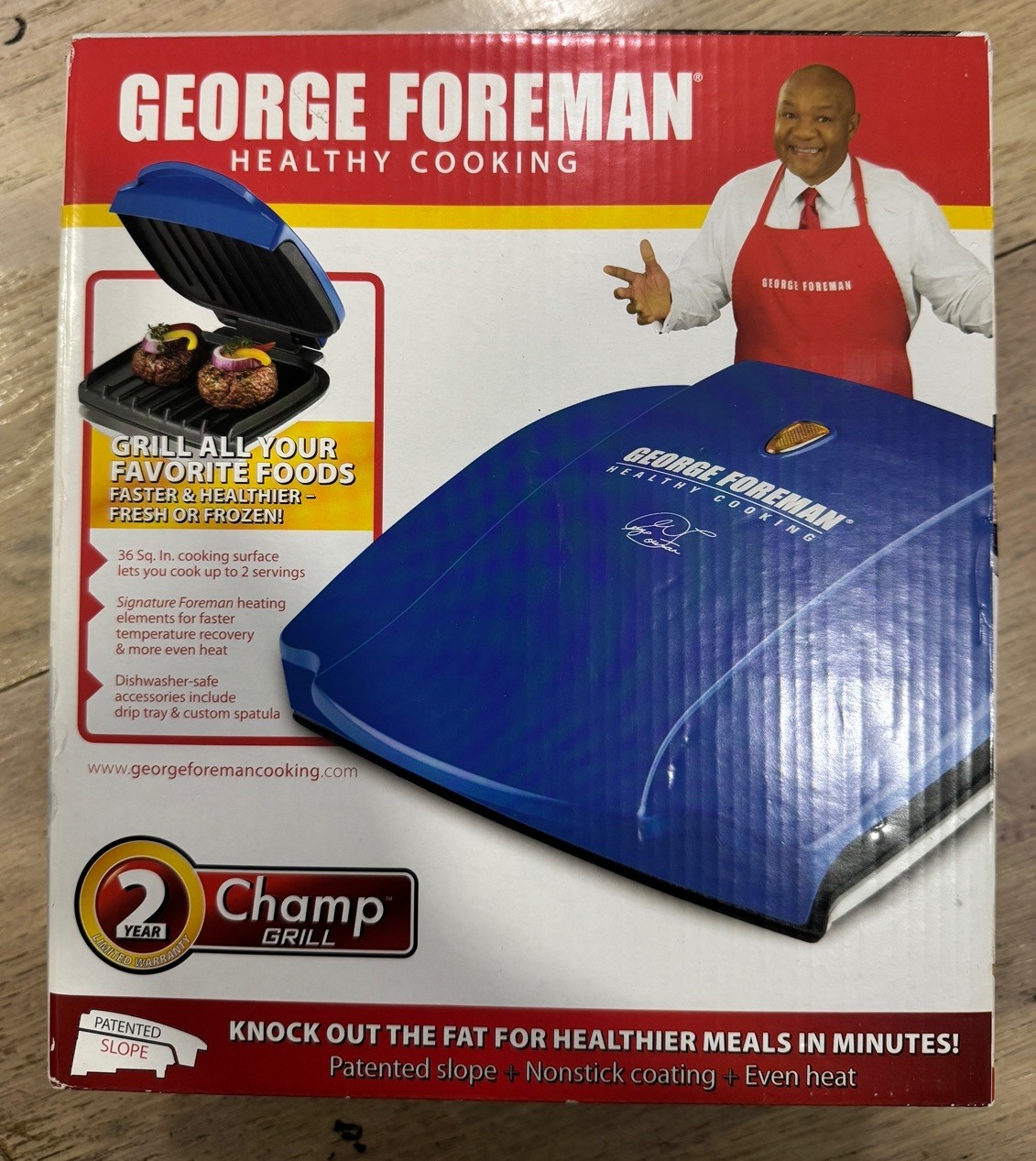 Brand New George Foreman Healthy Cooking 3 CHAMP Grill #GR0036BL (Blue) Open Box