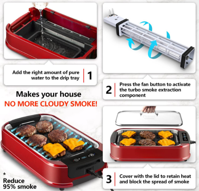 Grill interior 1500W BBQ coreano sin humo con pantalla LED y tapa vidrio