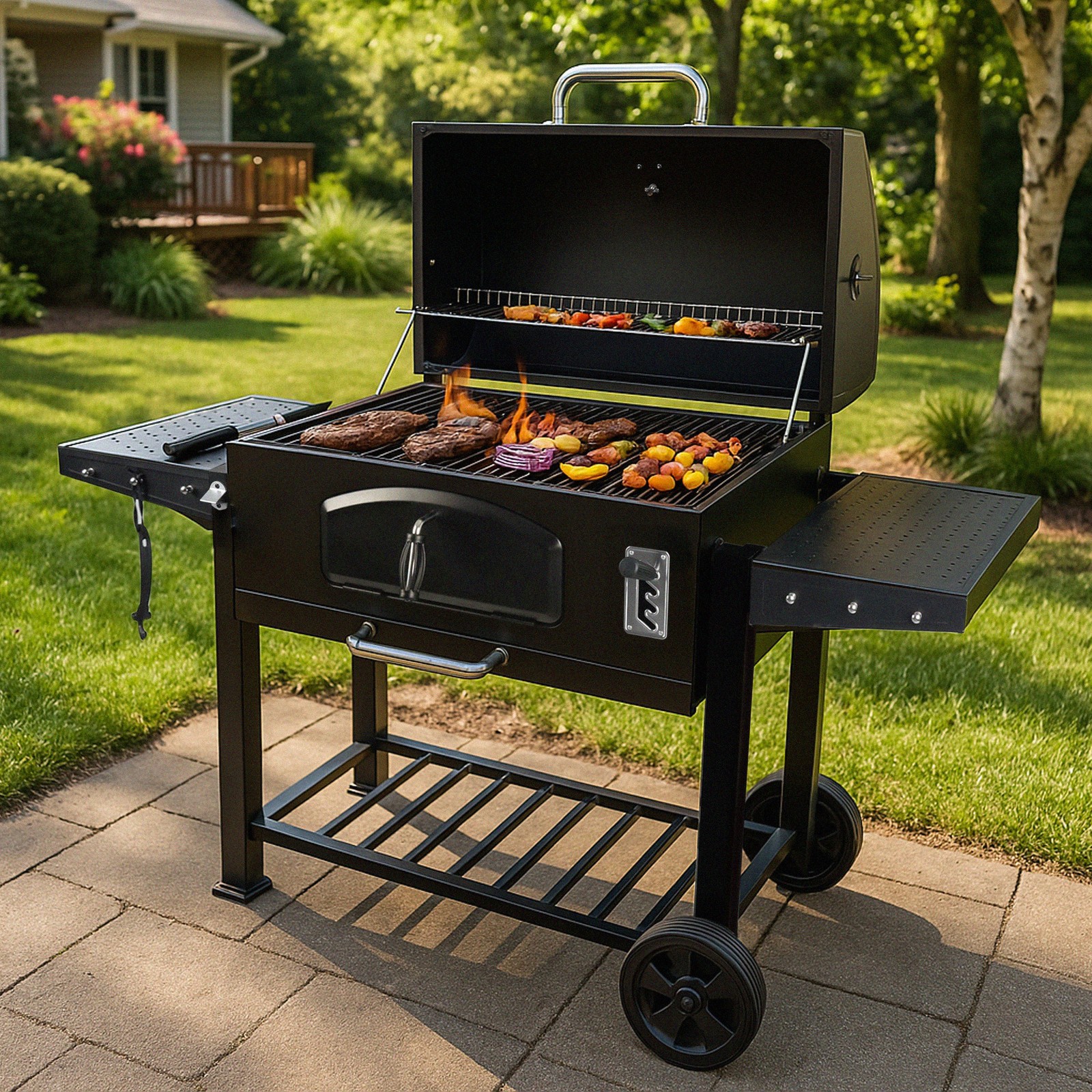 Grill Boss 32 Inch Charcoal BBQ Grill, Side Shelves, Built In Thermometer, Black