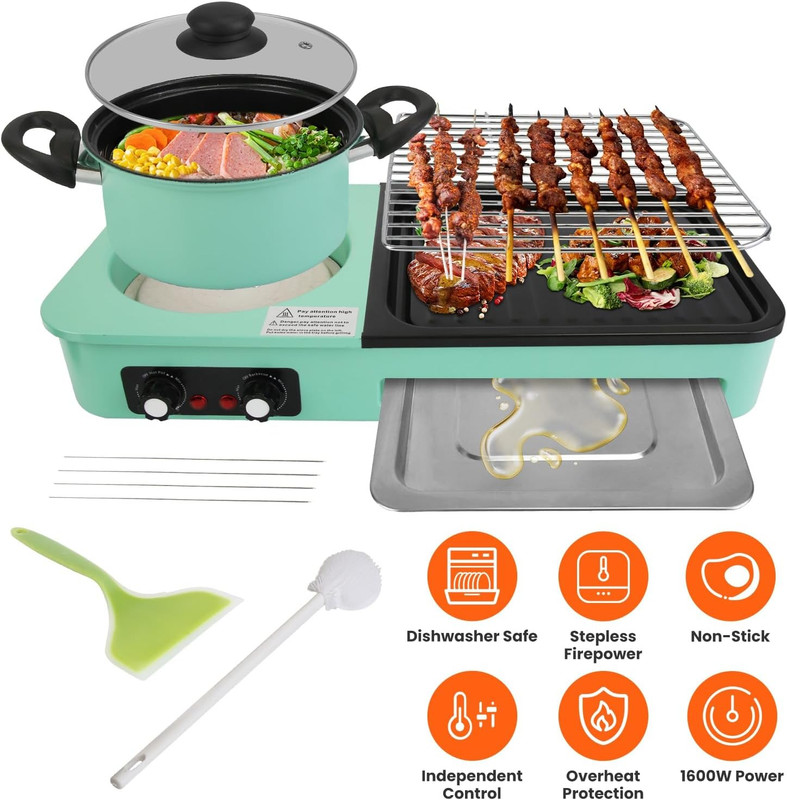 3 In 1 Electric Hot Pot Grill with Dual Temp Control 1600W Non-Stick Cooker Pan