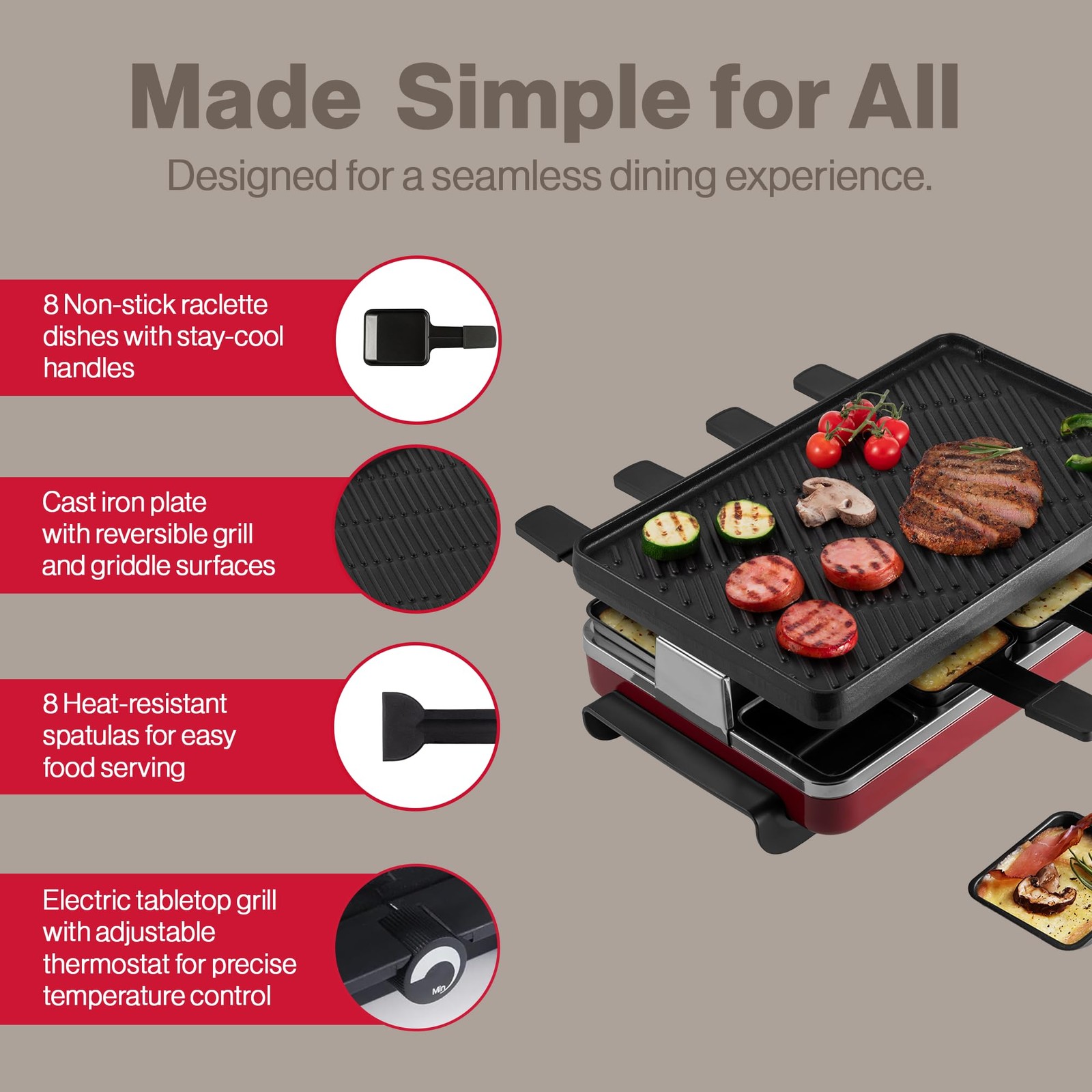 8-Person Raclette Party Grill with Reversible Cast Iron Grill Plate/Crepe Top…