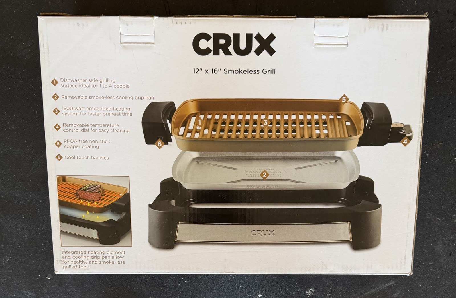 CRUX 12″ x 16″ Smokeless Indoor Electric Grill 1500W Nonstick Removable Plate