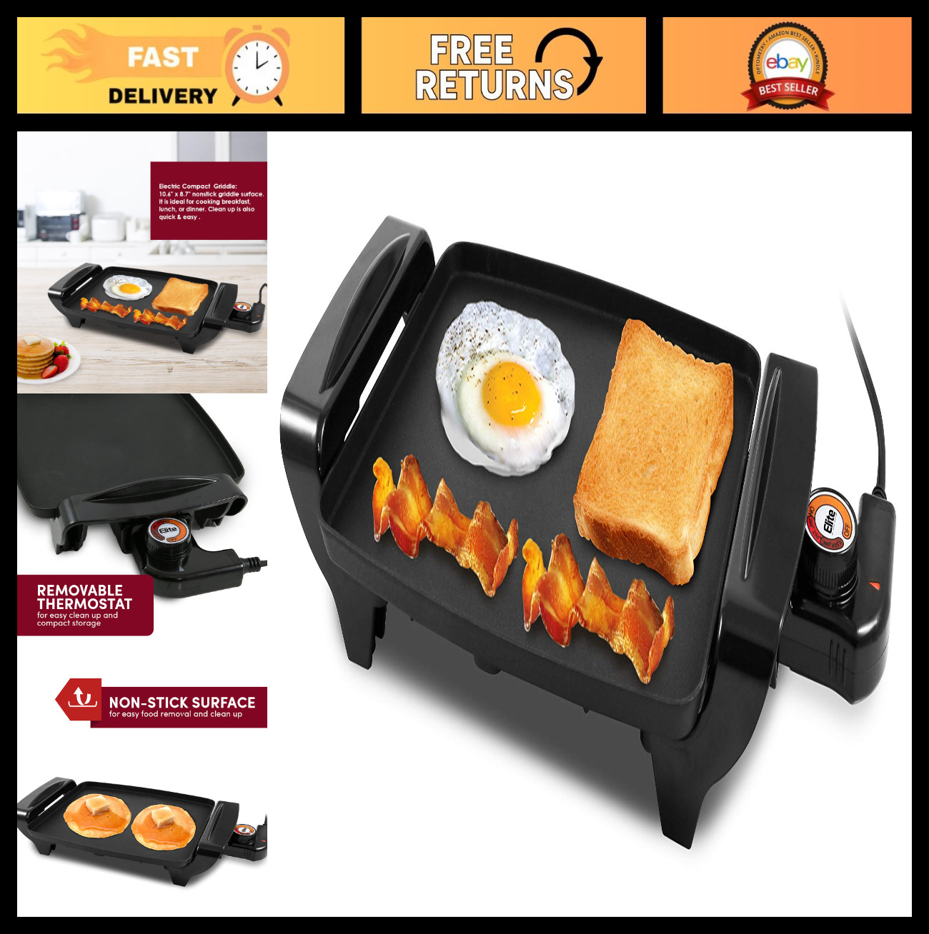 Non-Stick Electric Griddle 10.5″ x 8.5″ – Cool-Touch Handles, Adjustable Thermos