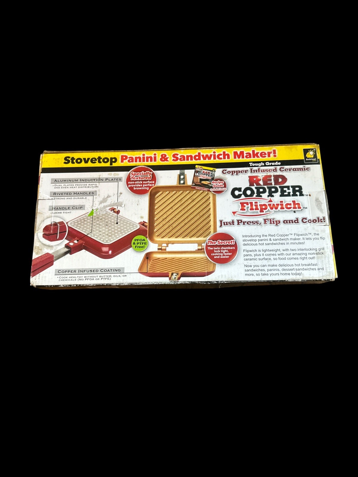 Red Copper Flipwich Stovetop Panini & Sandwich Maker Non Stick Ceramic New