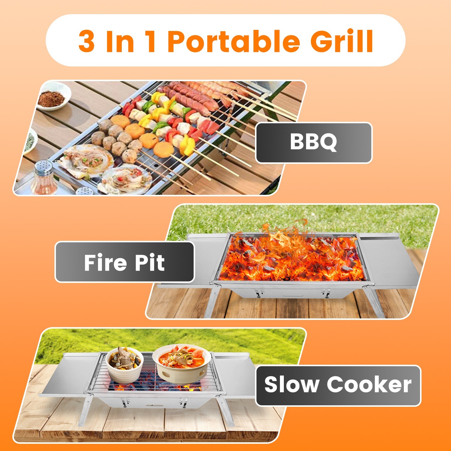 Portable Charcoal Grill with Adjustable Fire Grate Foldable for Camping BBQ