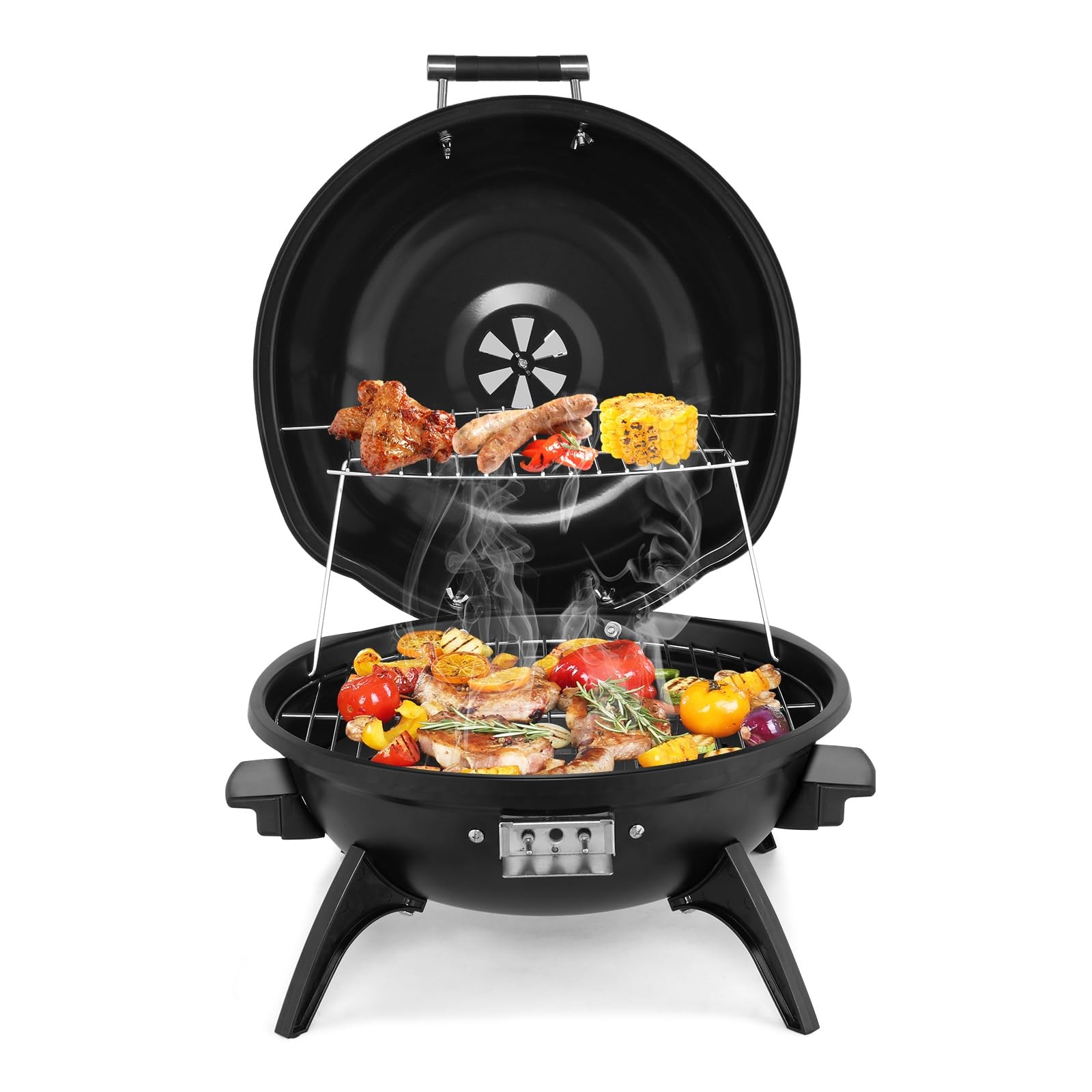 1600W Vertical Electric Grill w/Lid,Red 304 Stainless Steel Grill,Black Tabletop