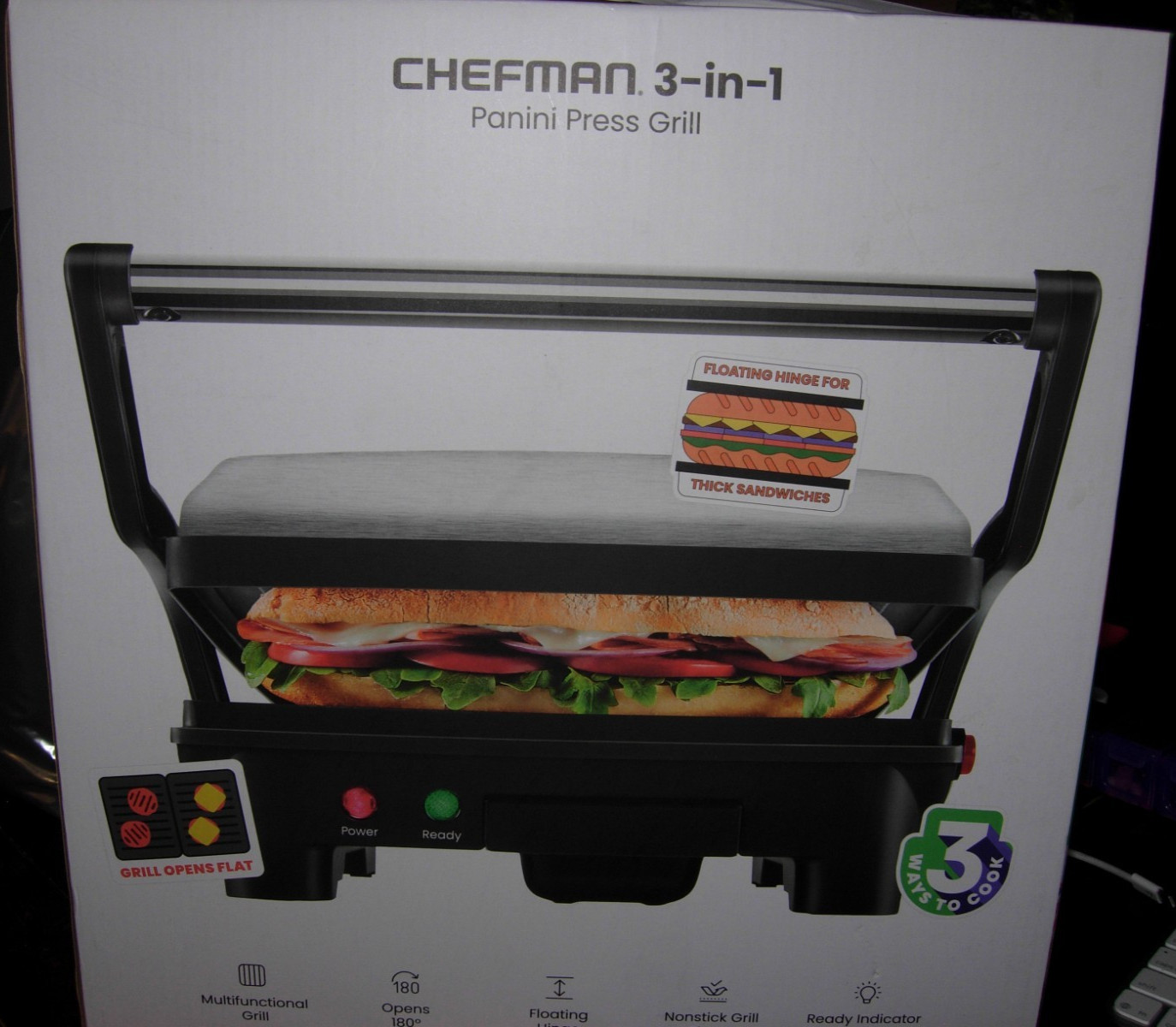 Chefman 3-In-1 Electric Panini Press & Grill Non-Stick Removable Drip Tray New