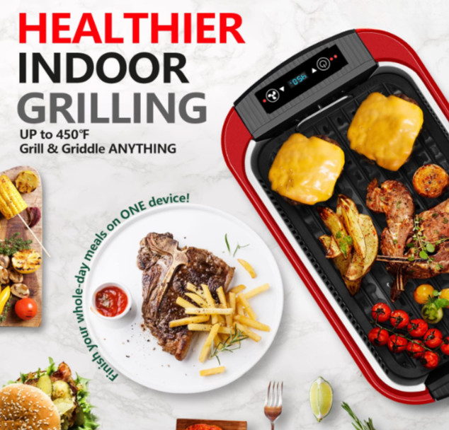 Grill interior 1500W BBQ coreano sin humo con pantalla LED y tapa vidrio