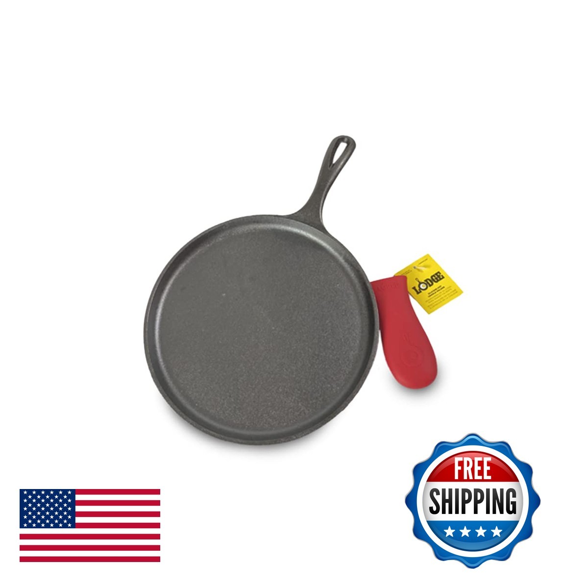 Lodge Round Seasoned Cast Iron Griddle with Red Silicone Handle Holder – 10.5
