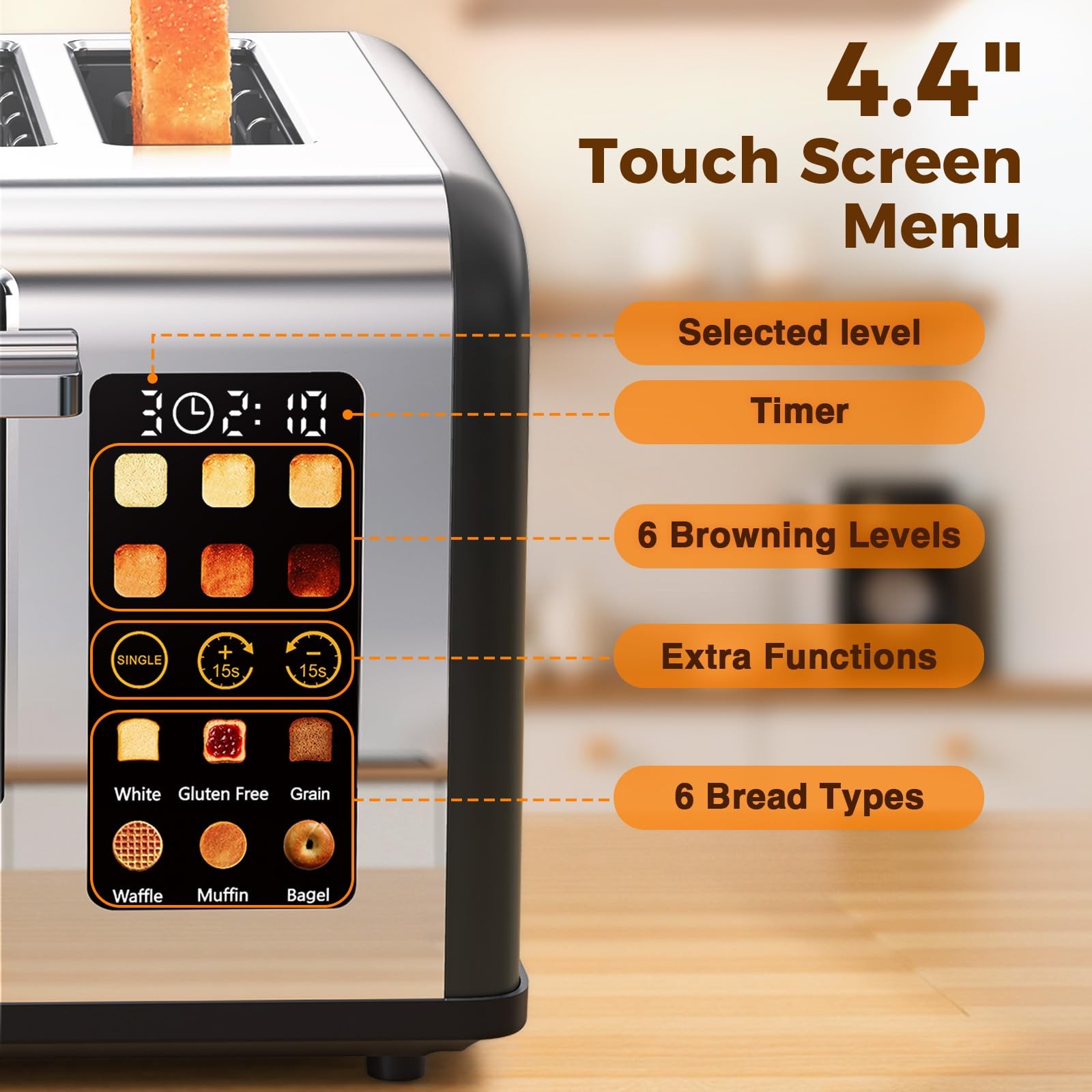 4 Slice Touch Screen Toaster, Easy-to-Use Digital Stainless T-86R-BK, Black