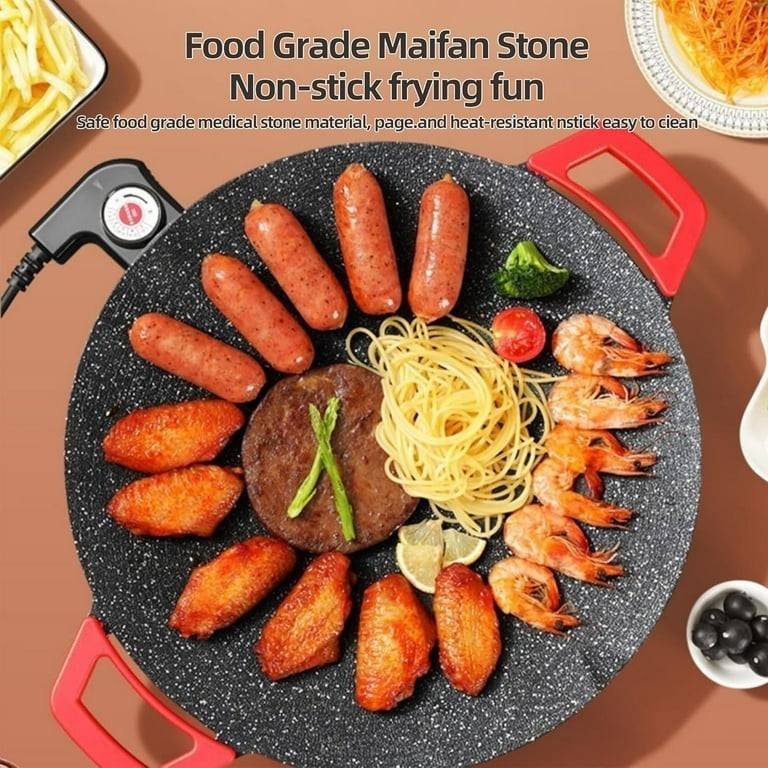 AORAN Electric Round Grill Griddle 14in 1200W Nonstick Temp Control Black/Red